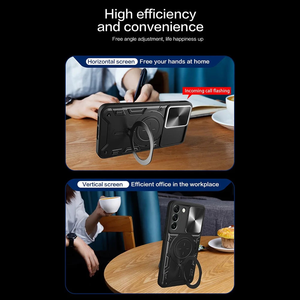 For Samsung Galaxy S22 5G Rotatable Kickstand Back Cover PC + TPU Phone Case with Slide Camera Lid - Black - 7