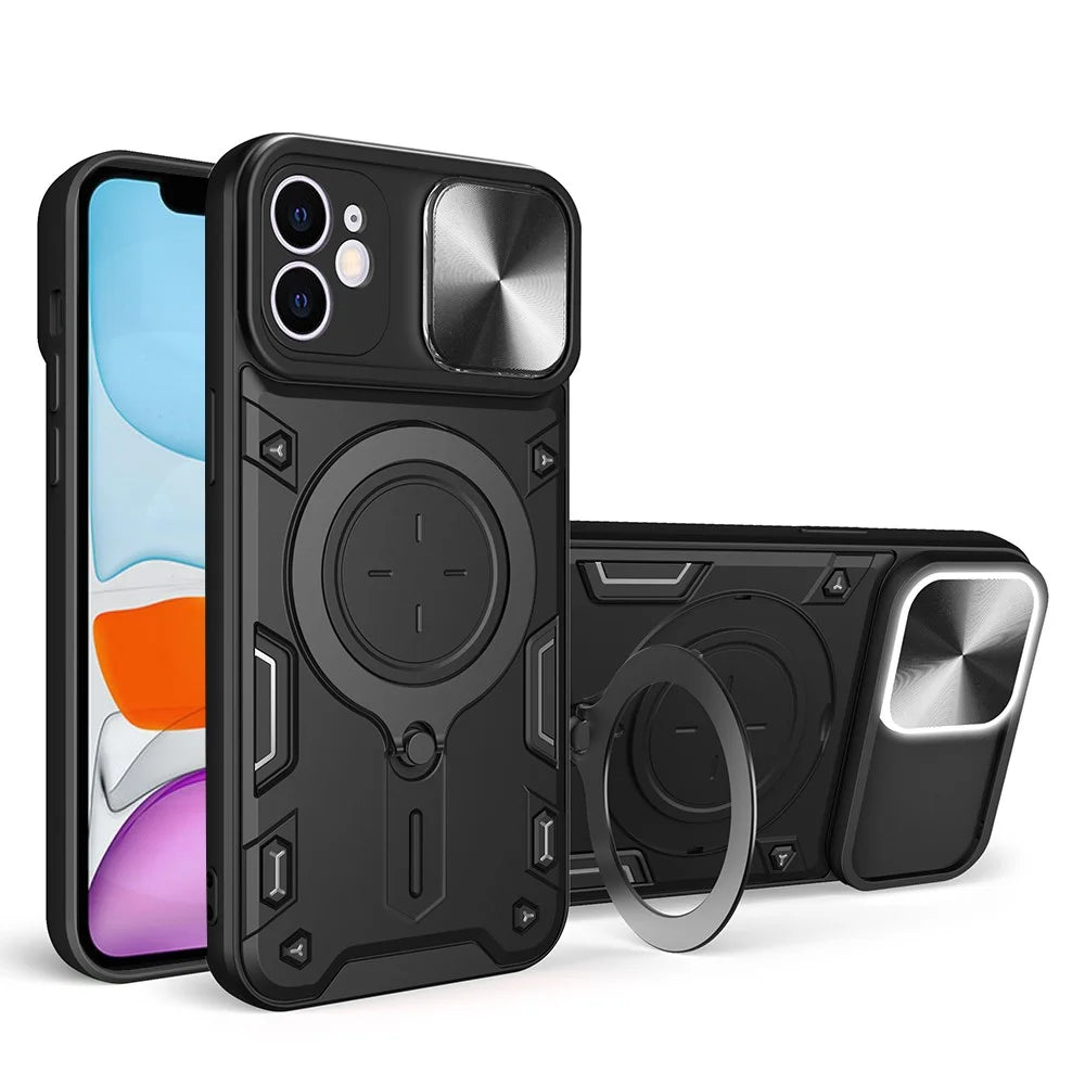 For iPhone 11 Slide Camera Lid Anti-drop Cover PC + TPU Phone Case with Rotatable Kickstand - Black - 1