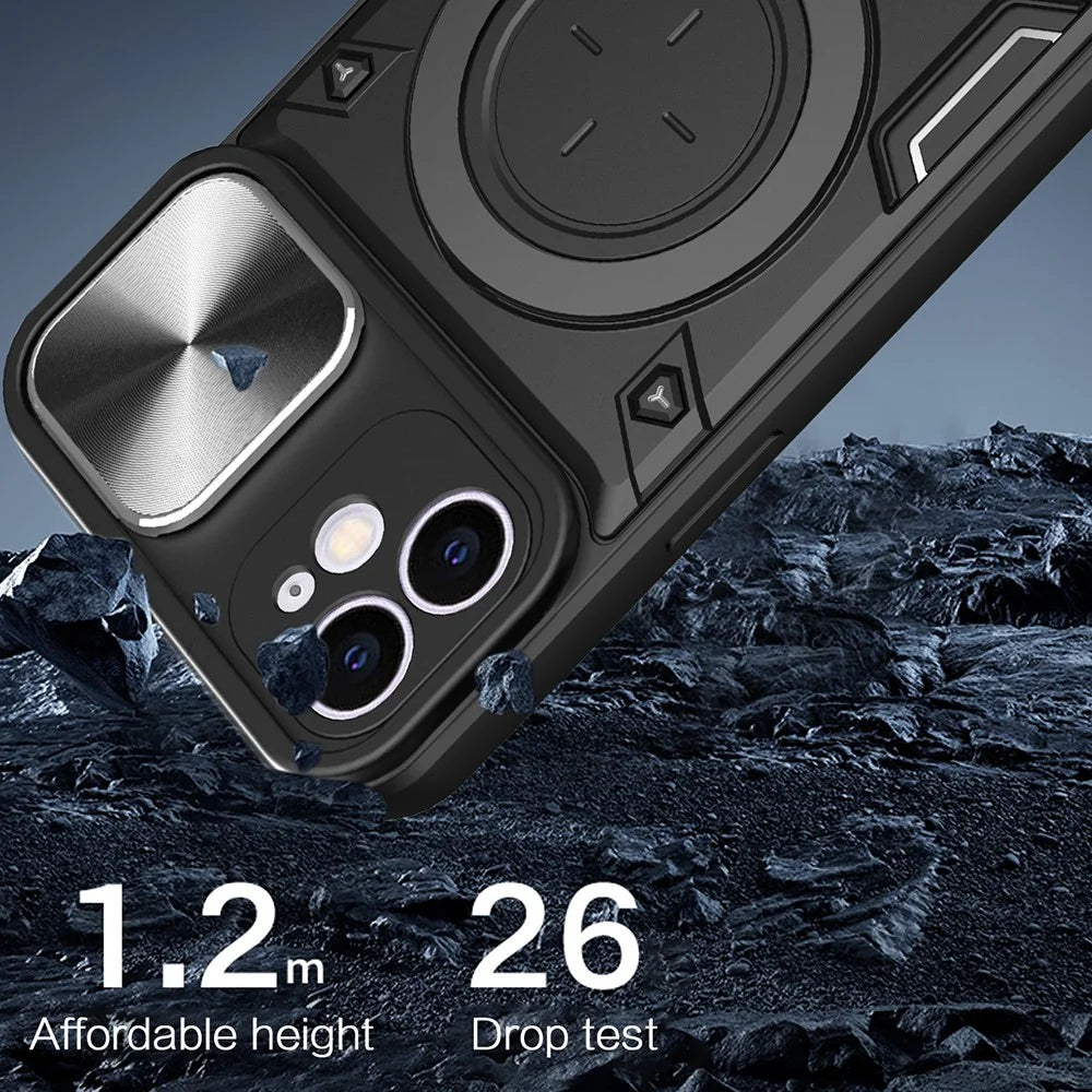 For iPhone 11 Slide Camera Lid Anti-drop Cover PC + TPU Phone Case with Rotatable Kickstand - Black - 3