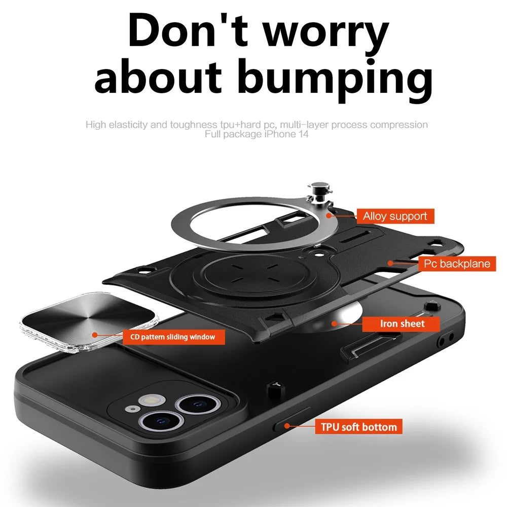 For iPhone 11 Slide Camera Lid Anti-drop Cover PC + TPU Phone Case with Rotatable Kickstand - Black - 4