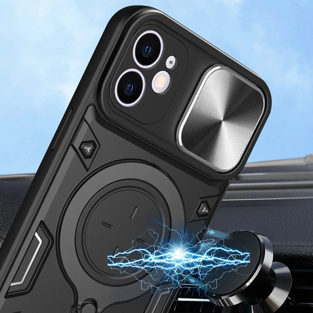 For iPhone 11 Slide Camera Lid Anti-drop Cover PC + TPU Phone Case with Rotatable Kickstand - Black - 5