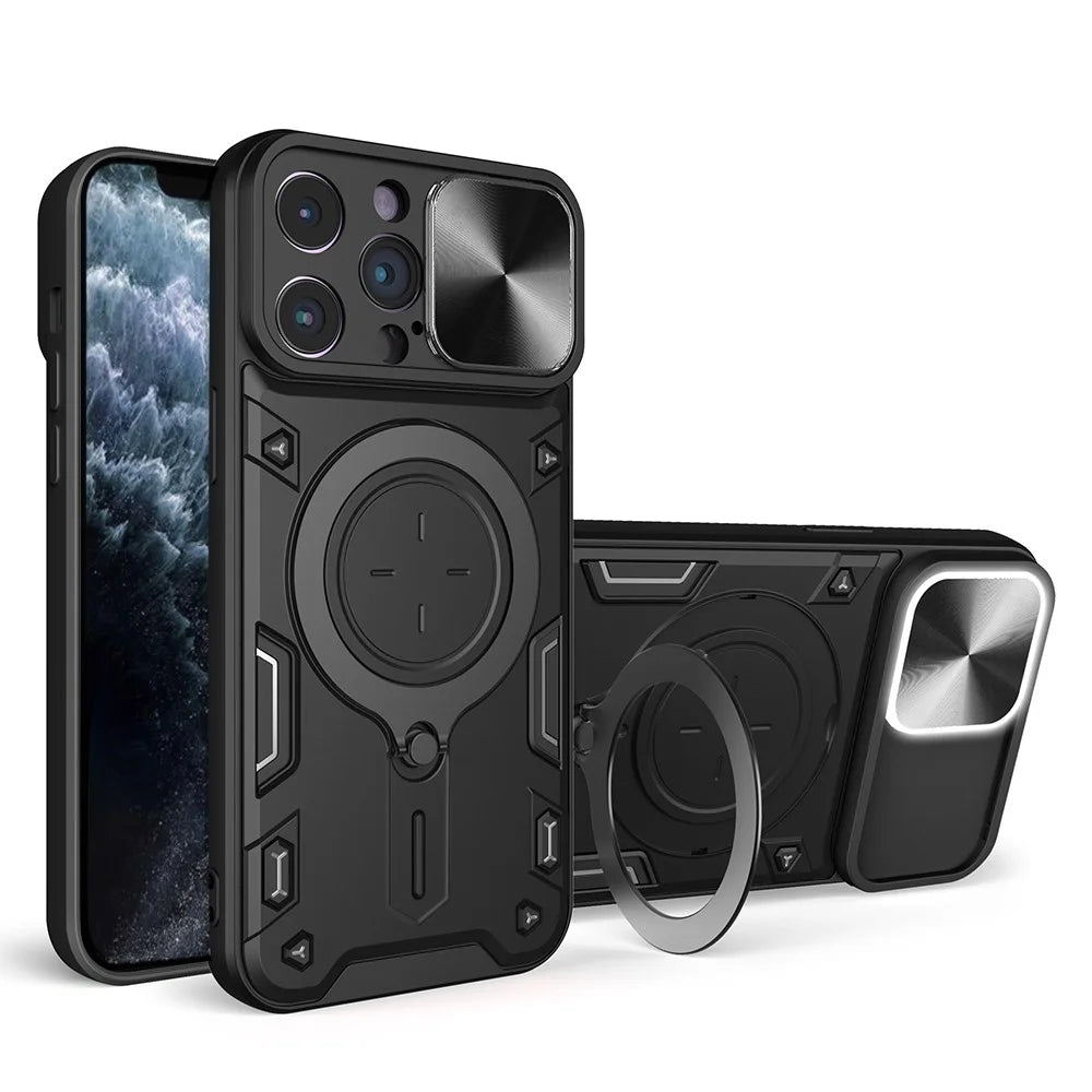 For iPhone 11 Pro Rotatable Kickstand Protective Cover PC + TPU Phone Case with Slide Camera Lid - Black - 1