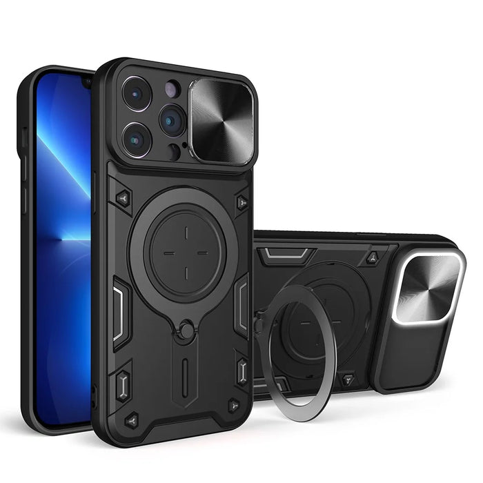 For iPhone 13 Pro Max 6.7 inch Rotatable Kickstand Shockproof Cover Slide Camera Lid PC + TPU Phone Case - Black - 1