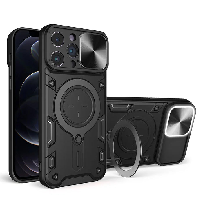 For iPhone 12 Pro 6.1 inch Slide Camera Lid Anti-scratch Cover Rotatable Kickstand PC + TPU Phone Case - Black - 1