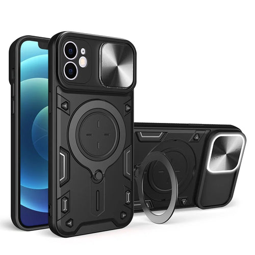 For iPhone 12 6.1 inch Slide Camera Lid Phone Case Rotatable Kickstand PC + TPU Shockproof Cover - Black - 1