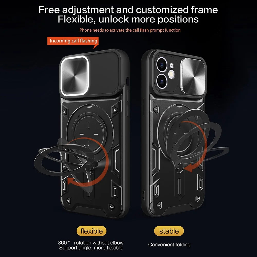 For iPhone 12 6.1 inch Slide Camera Lid Phone Case Rotatable Kickstand PC + TPU Shockproof Cover - Black - 6