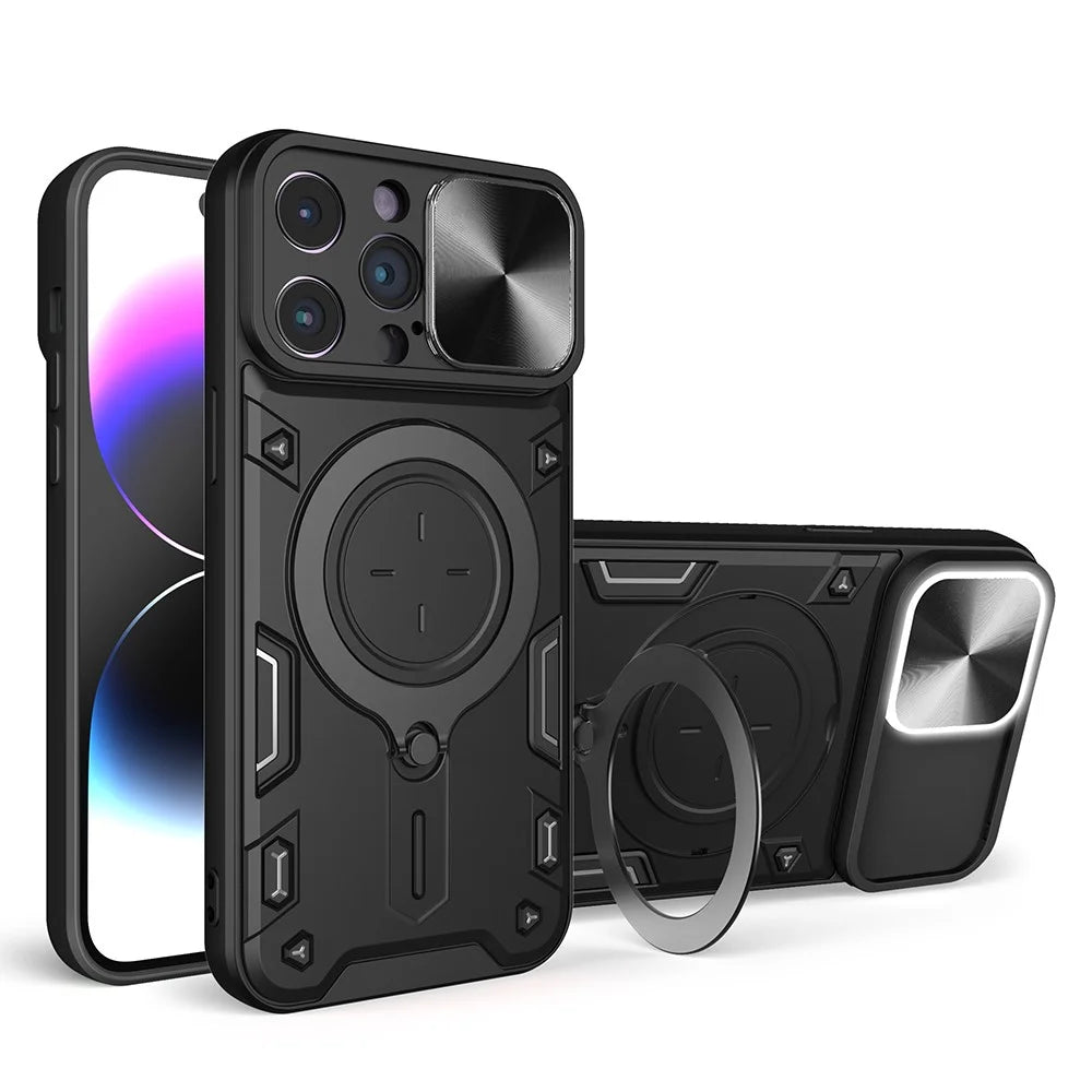 For iPhone 14 Pro Anti-drop Cover Rotatable Kickstand PC + TPU Mobile Case with Slide Camera Lid - Black - 1