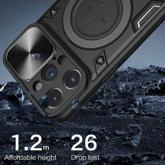 For iPhone 14 Pro Anti-drop Cover Rotatable Kickstand PC + TPU Mobile Case with Slide Camera Lid - Black - 3