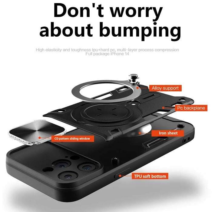 For iPhone 14 Pro Anti-drop Cover Rotatable Kickstand PC + TPU Mobile Case with Slide Camera Lid - Black - 4
