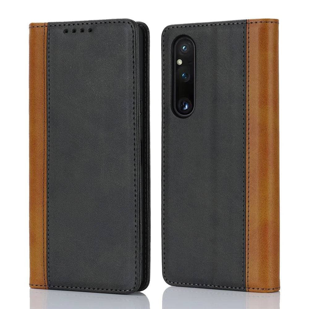 For Sony Xperia 1 V PU Leather Wallet Case Flip Stand Bi-color Splicing Phone Cover -  Black+Yellow - 1