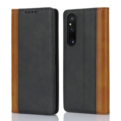 For Sony Xperia 1 V PU Leather Wallet Case Flip Stand Bi-color Splicing Phone Cover -  Black+Yellow - 1