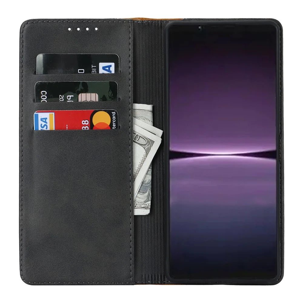 For Sony Xperia 1 V PU Leather Wallet Case Flip Stand Bi-color Splicing Phone Cover -  Black+Yellow - 2