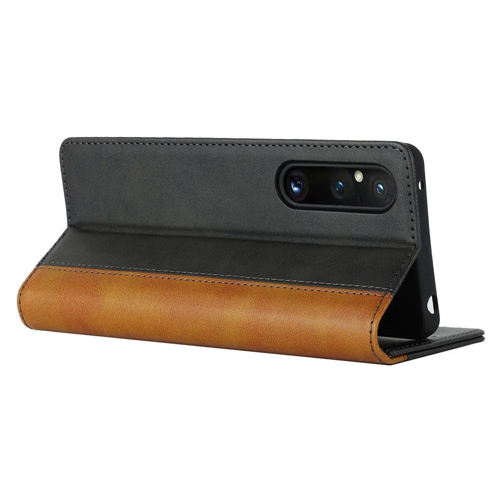 For Sony Xperia 1 V PU Leather Wallet Case Flip Stand Bi-color Splicing Phone Cover -  Black+Yellow - 3