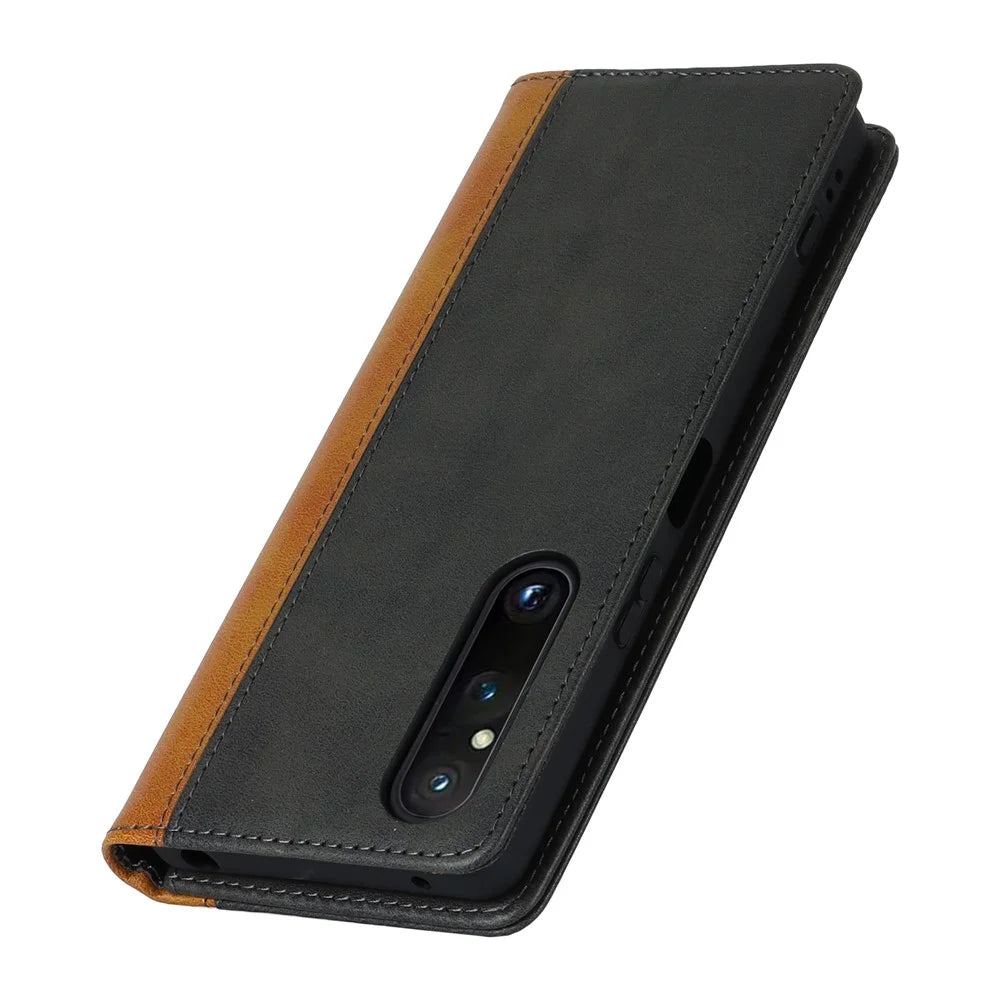 For Sony Xperia 1 V PU Leather Wallet Case Flip Stand Bi-color Splicing Phone Cover -  Black+Yellow - 5
