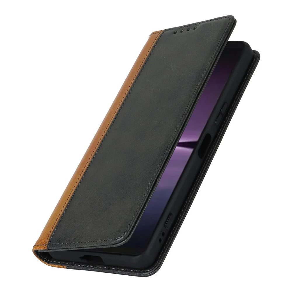 For Sony Xperia 1 V PU Leather Wallet Case Flip Stand Bi-color Splicing Phone Cover -  Black+Yellow - 6