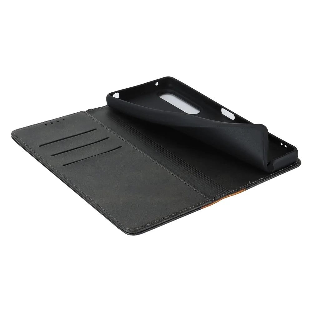 For Sony Xperia 1 V PU Leather Wallet Case Flip Stand Bi-color Splicing Phone Cover -  Black+Yellow - 7