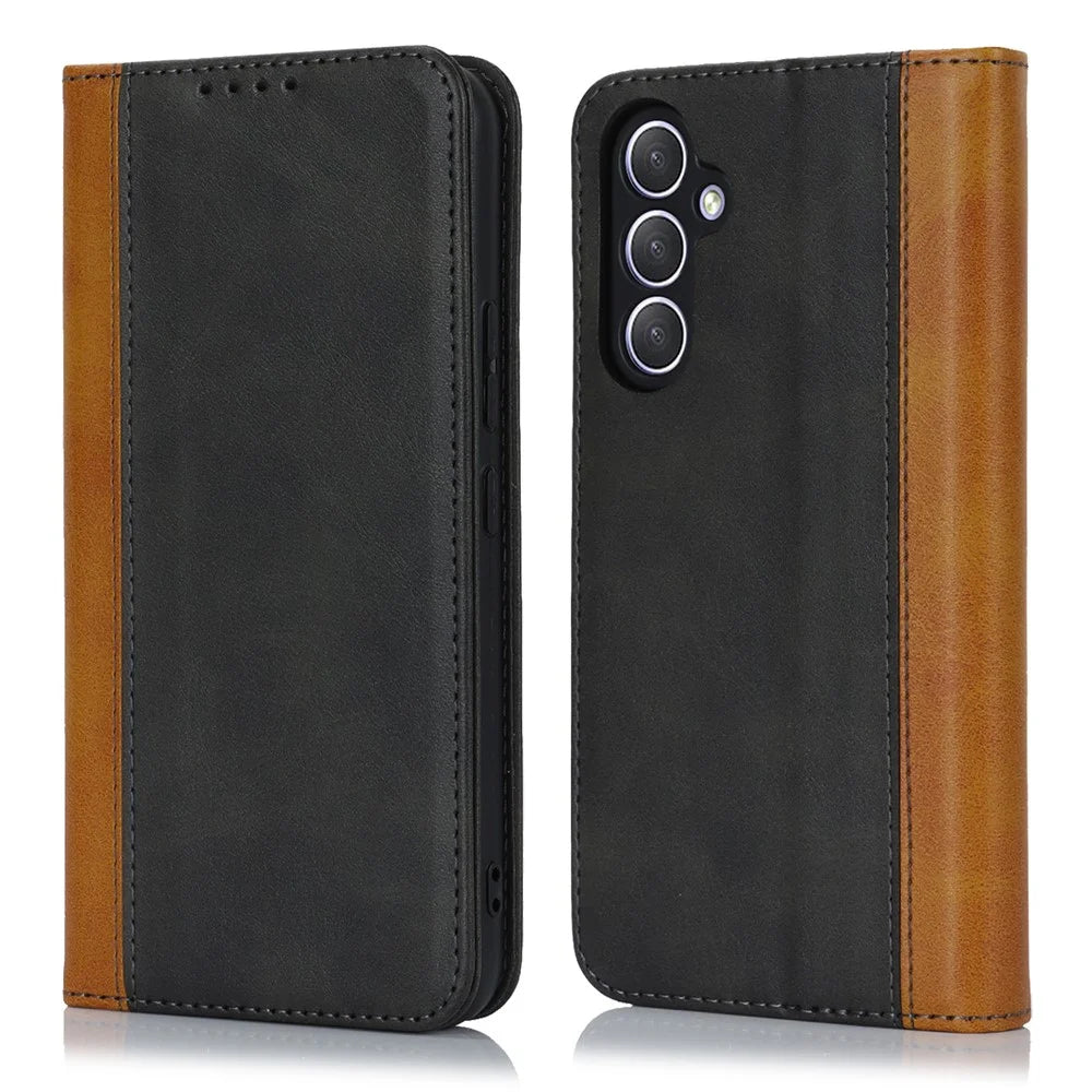 For Samsung Galaxy A54 5G PU Leather Phone Case Stand Bi-color Splicing Magnetic Flip Wallet Cover - Black+Yellow - 1