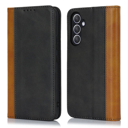 For Samsung Galaxy A54 5G PU Leather Phone Case Stand Bi-color Splicing Magnetic Flip Wallet Cover - Black+Yellow - 1