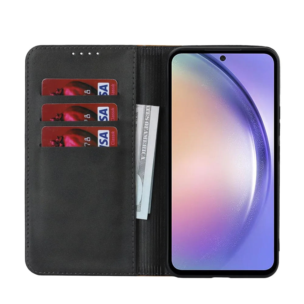 For Samsung Galaxy A54 5G PU Leather Phone Case Stand Bi-color Splicing Magnetic Flip Wallet Cover - Black+Yellow - 2