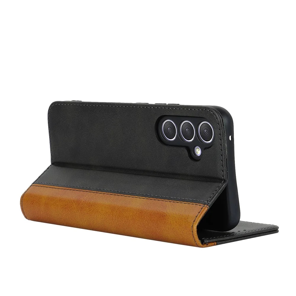 For Samsung Galaxy A54 5G PU Leather Phone Case Stand Bi-color Splicing Magnetic Flip Wallet Cover - Black+Yellow - 3