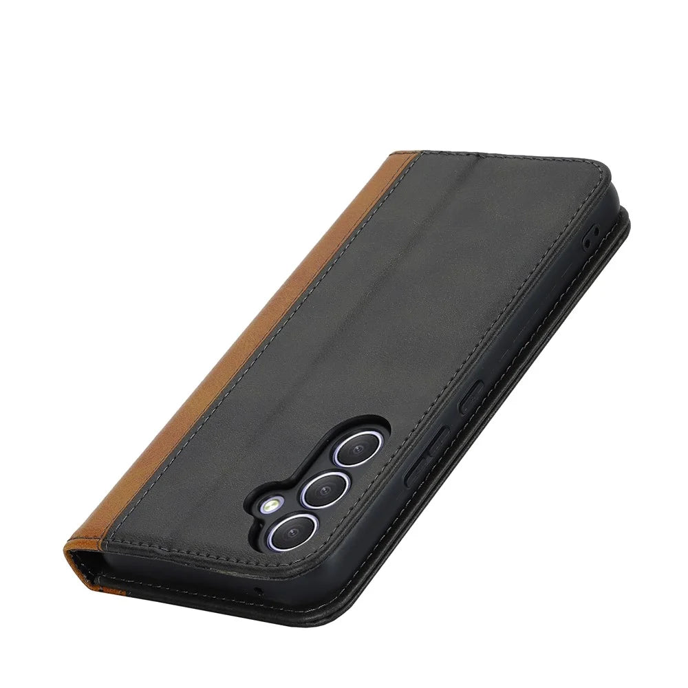 For Samsung Galaxy A54 5G PU Leather Phone Case Stand Bi-color Splicing Magnetic Flip Wallet Cover - Black+Yellow - 5