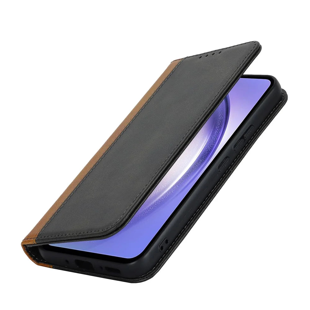 For Samsung Galaxy A54 5G PU Leather Phone Case Stand Bi-color Splicing Magnetic Flip Wallet Cover - Black+Yellow - 6