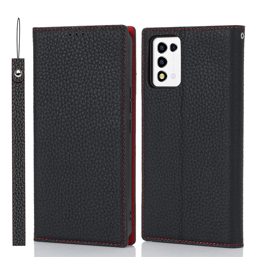 For ZTE Libero 5G III Genuine Cow Leather Phone Case Wallet Stand  Litchi Texture Cover with Strap - Black - 1