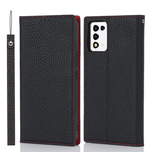 For ZTE Libero 5G III Genuine Cow Leather Phone Case Wallet Stand  Litchi Texture Cover with Strap - Black - 1