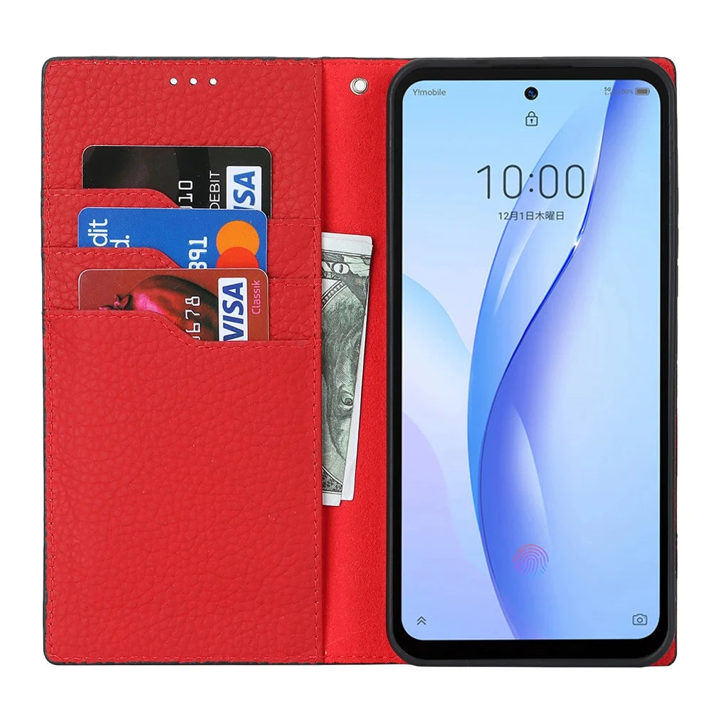 For ZTE Libero 5G III Genuine Cow Leather Phone Case Wallet Stand  Litchi Texture Cover with Strap - Black - 2
