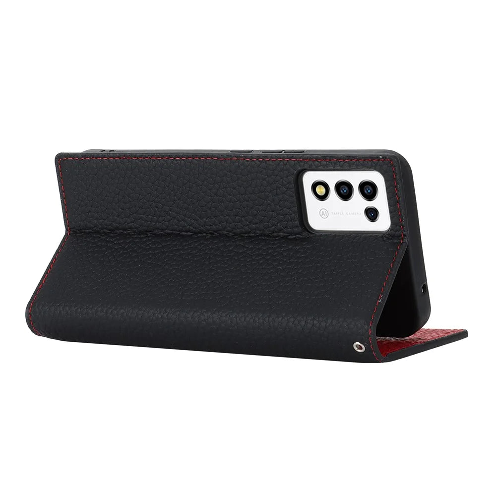 For ZTE Libero 5G III Genuine Cow Leather Phone Case Wallet Stand  Litchi Texture Cover with Strap - Black - 3
