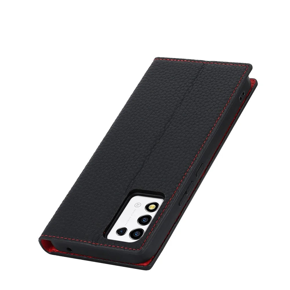 For ZTE Libero 5G III Genuine Cow Leather Phone Case Wallet Stand  Litchi Texture Cover with Strap - Black - 6
