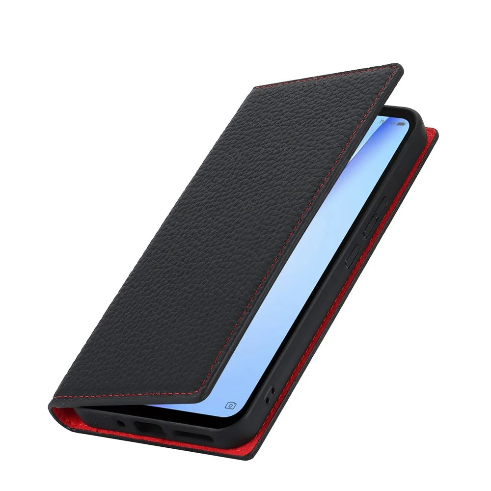 For ZTE Libero 5G III Genuine Cow Leather Phone Case Wallet Stand  Litchi Texture Cover with Strap - Black - 7