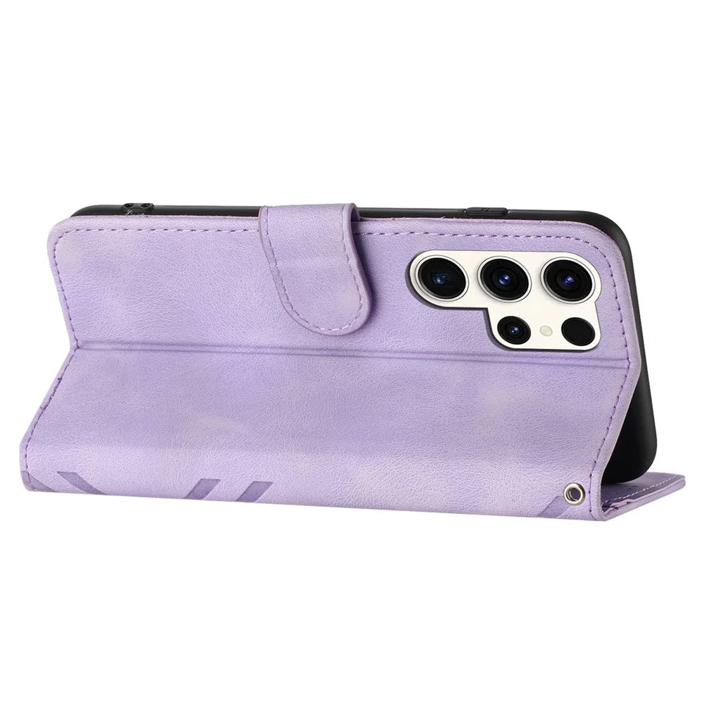YX0040 For Samsung Galaxy S23 Ultra Phone Case Leather Wallet Stand Imprinted Cover - Light Purple - 4