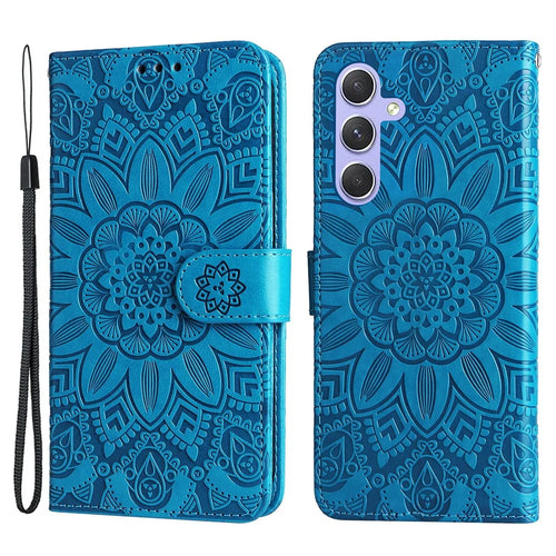 For Samsung Galaxy M54 5G / F54 5G PU Leather Flip Phone Case Sunflower Imprinted Stand Wallet Cover - Blue - 1