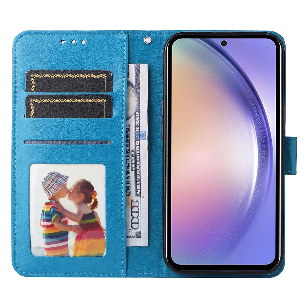 For Samsung Galaxy M54 5G / F54 5G PU Leather Flip Phone Case Sunflower Imprinted Stand Wallet Cover - Blue - 2