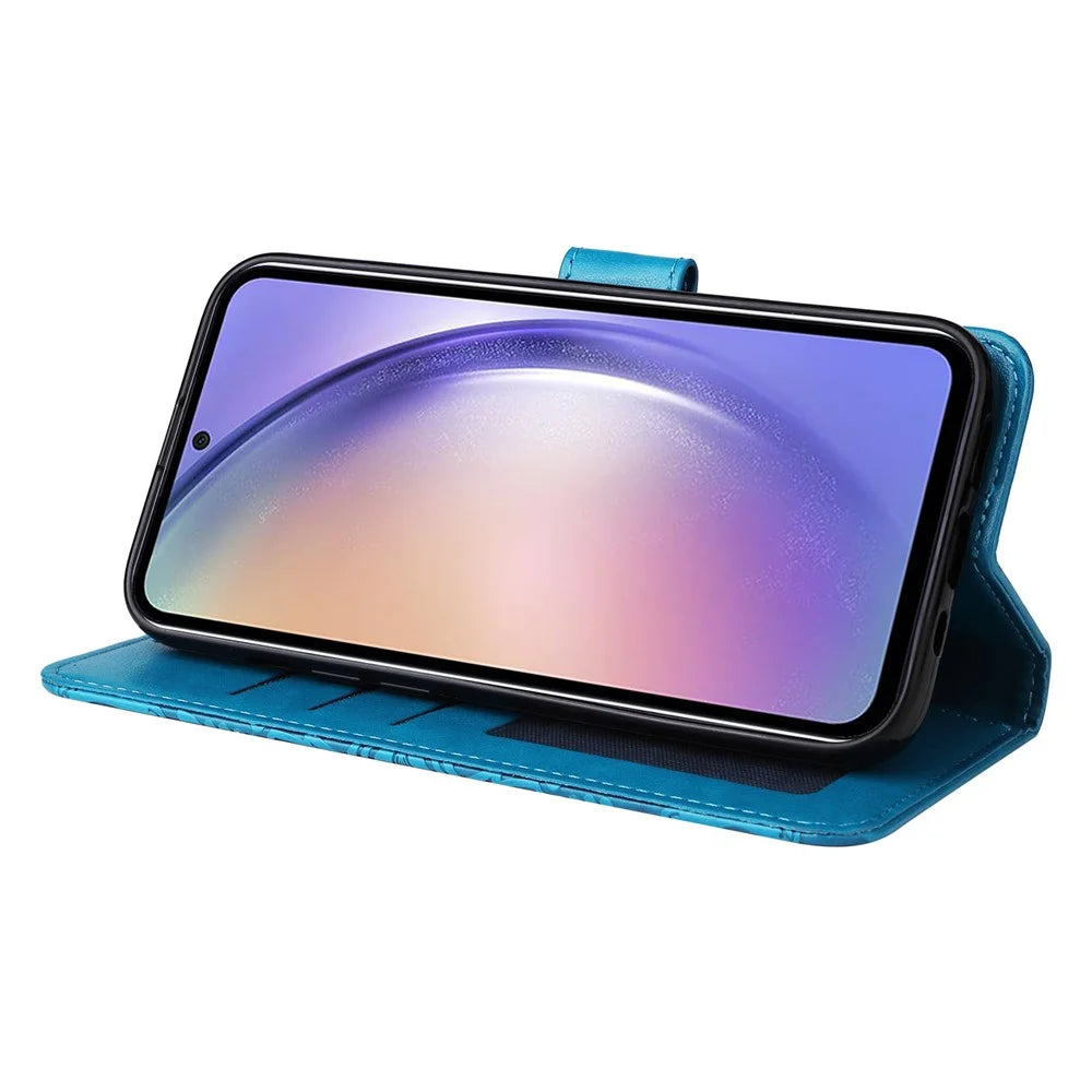 For Samsung Galaxy M54 5G / F54 5G PU Leather Flip Phone Case Sunflower Imprinted Stand Wallet Cover - Blue - 4