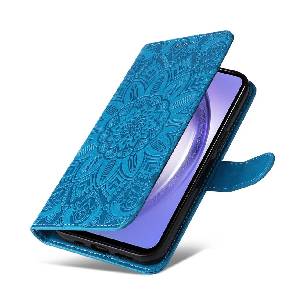 For Samsung Galaxy M54 5G / F54 5G PU Leather Flip Phone Case Sunflower Imprinted Stand Wallet Cover - Blue - 5