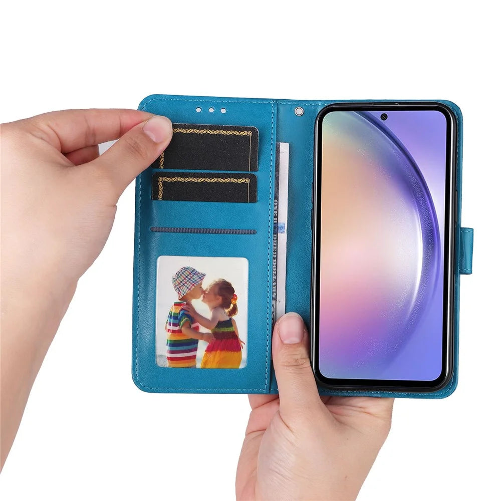 For Samsung Galaxy M54 5G / F54 5G PU Leather Flip Phone Case Sunflower Imprinted Stand Wallet Cover - Blue - 6