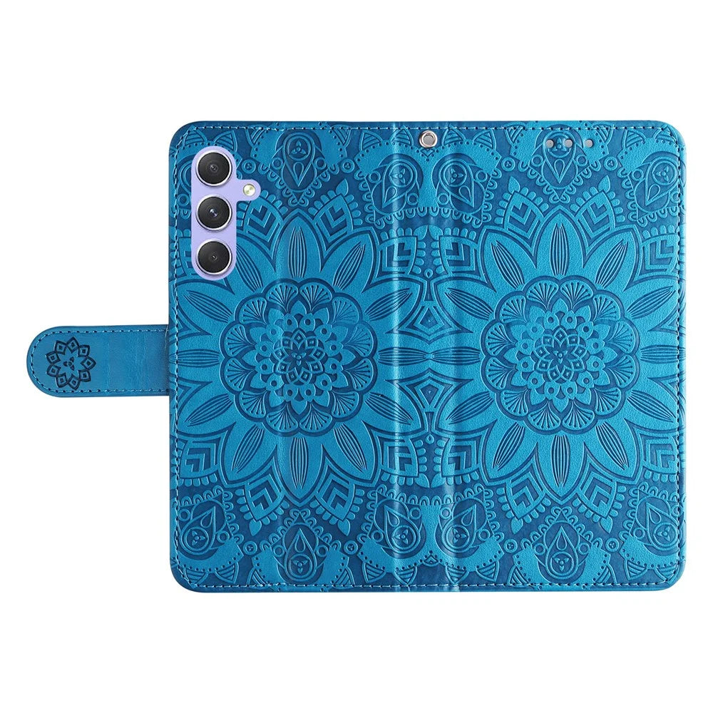 For Samsung Galaxy M54 5G / F54 5G PU Leather Flip Phone Case Sunflower Imprinted Stand Wallet Cover - Blue - 7