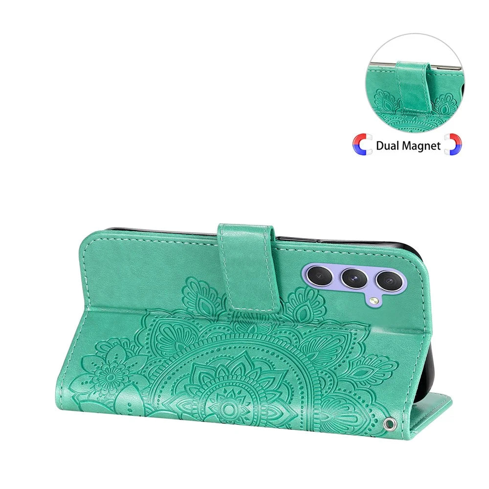 For Samsung Galaxy M54 5G / F54 5G Case Floral Pattern PU Leather Wallet Stand Phone Cover - Green - 5