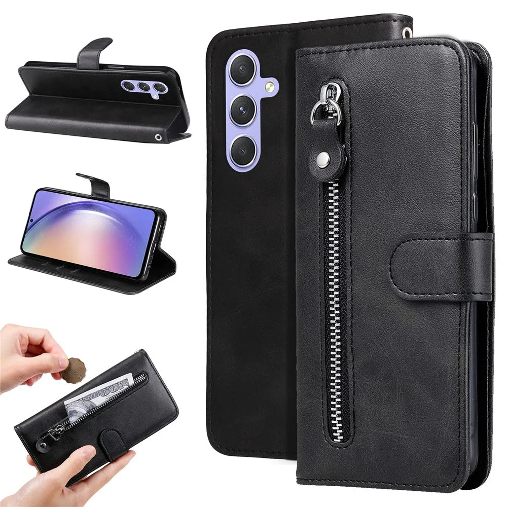 For Samsung Galaxy M54 5G / F54 5G PU Leather Zipper Pocket Phone Case Calf Texture Wallet Stand Cover - Black - 1