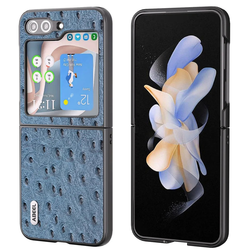 ABEEL For Samsung Galaxy Z Flip5 5G Ostrich Texture Folding Phone Case Genuine Cow Leather Hard PC Shell - Blue - 1