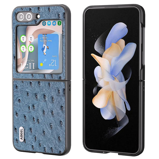 ABEEL For Samsung Galaxy Z Flip5 5G Ostrich Texture Folding Phone Case Genuine Cow Leather Hard PC Shell - Blue - 1
