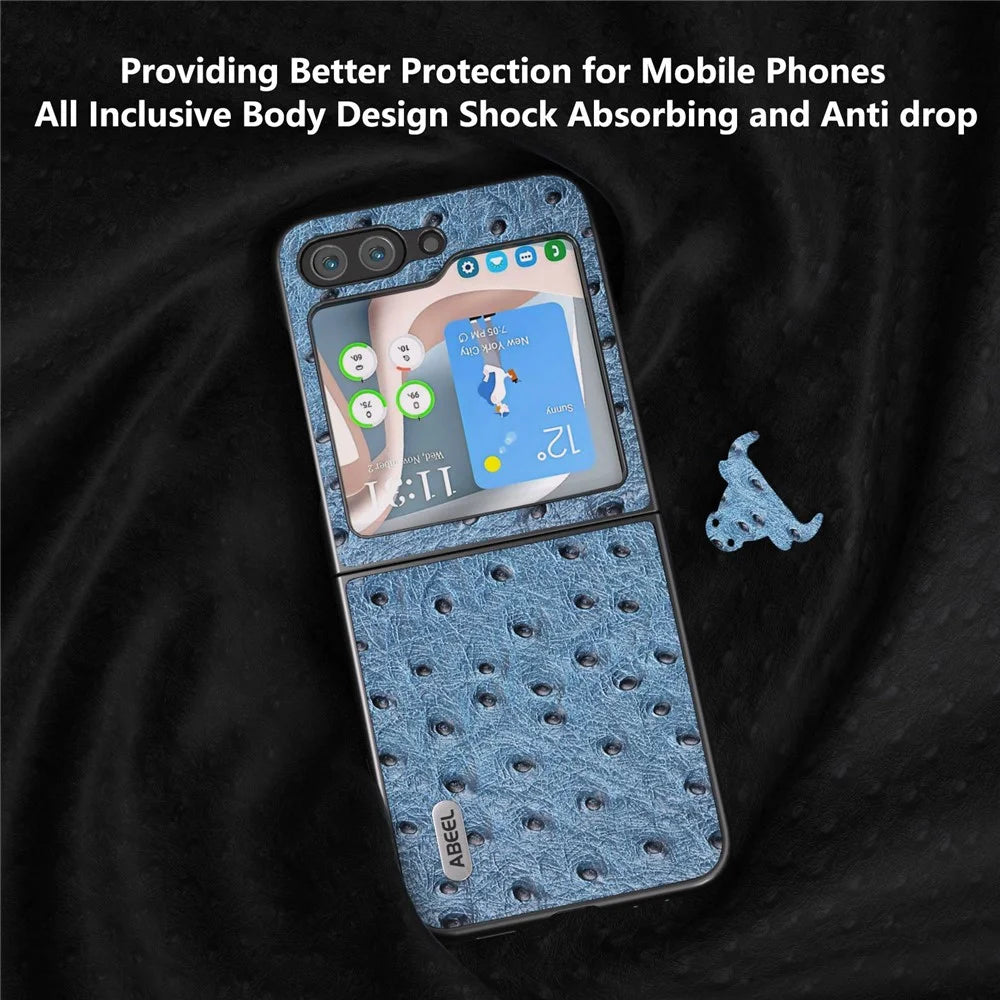ABEEL For Samsung Galaxy Z Flip5 5G Ostrich Texture Folding Phone Case Genuine Cow Leather Hard PC Shell - Blue - 3