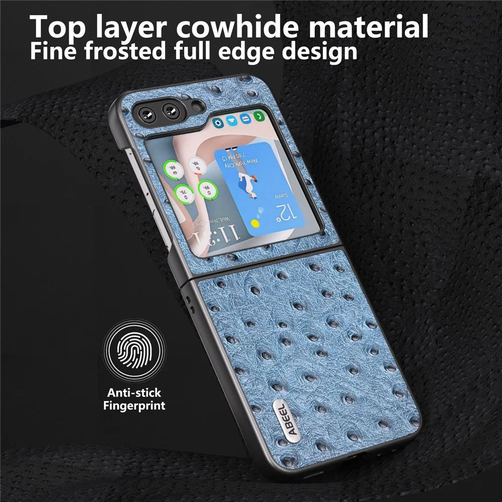 ABEEL For Samsung Galaxy Z Flip5 5G Ostrich Texture Folding Phone Case Genuine Cow Leather Hard PC Shell - Blue - 4