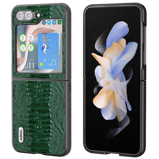 ABEEL For Samsung Galaxy Z Flip5 5G Crocodile Texture Slim Case Genuine Cow Leather + PC Folding Phone Cover - Green - 1