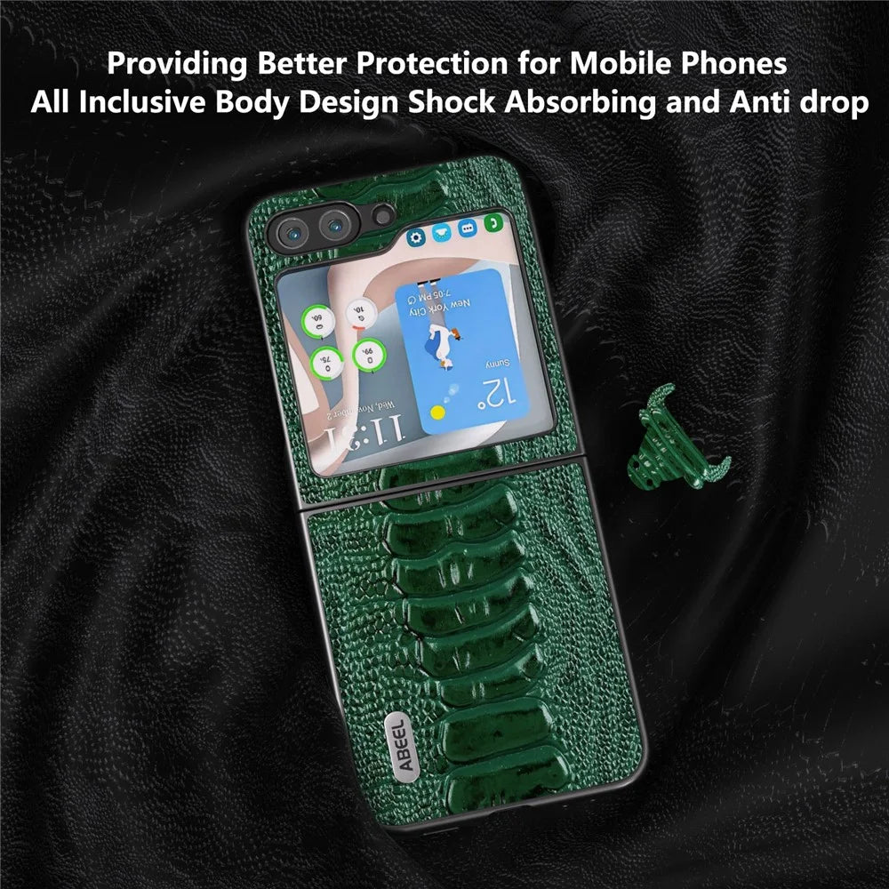 ABEEL For Samsung Galaxy Z Flip5 5G Crocodile Texture Slim Case Genuine Cow Leather + PC Folding Phone Cover - Green - 3