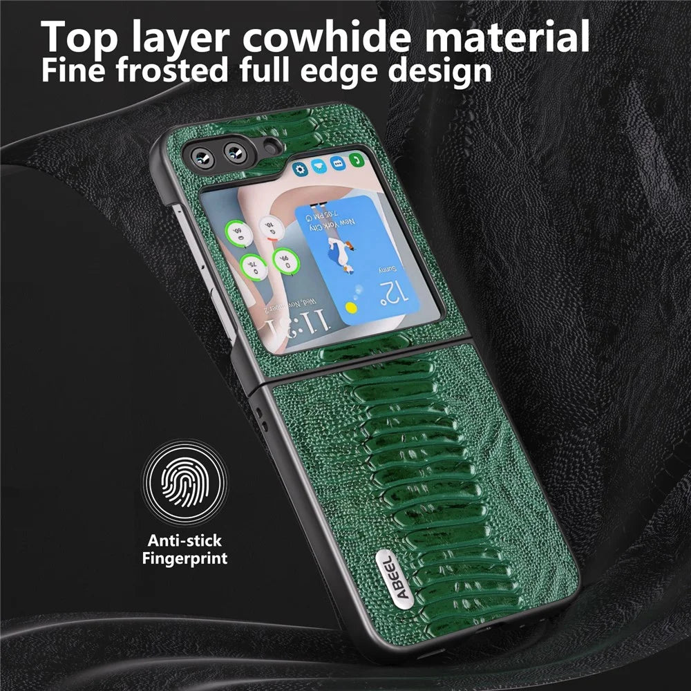 ABEEL For Samsung Galaxy Z Flip5 5G Crocodile Texture Slim Case Genuine Cow Leather + PC Folding Phone Cover - Green - 4
