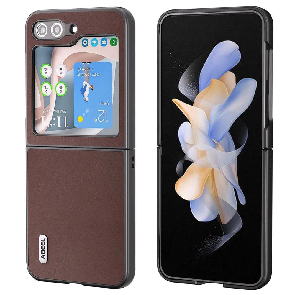 ABEEL For Samsung Galaxy Z Flip5 5G Anti-Slip Slim Folding Case Genuine Cow Leather + PC Shockproof Phone Cover - Coffee - 1
