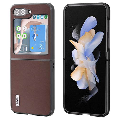ABEEL For Samsung Galaxy Z Flip5 5G Anti-Slip Slim Folding Case Genuine Cow Leather + PC Shockproof Phone Cover - Coffee - 1